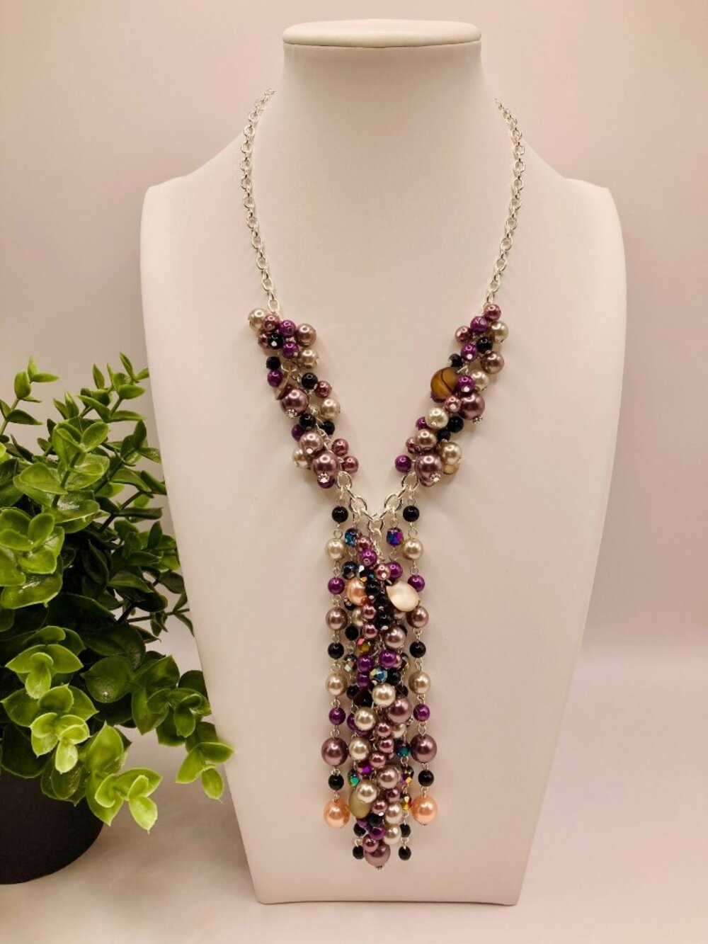 Latasia Silver Tone Purple & Faux Pearl Multi-Color Beaded Cluster Necklace -57